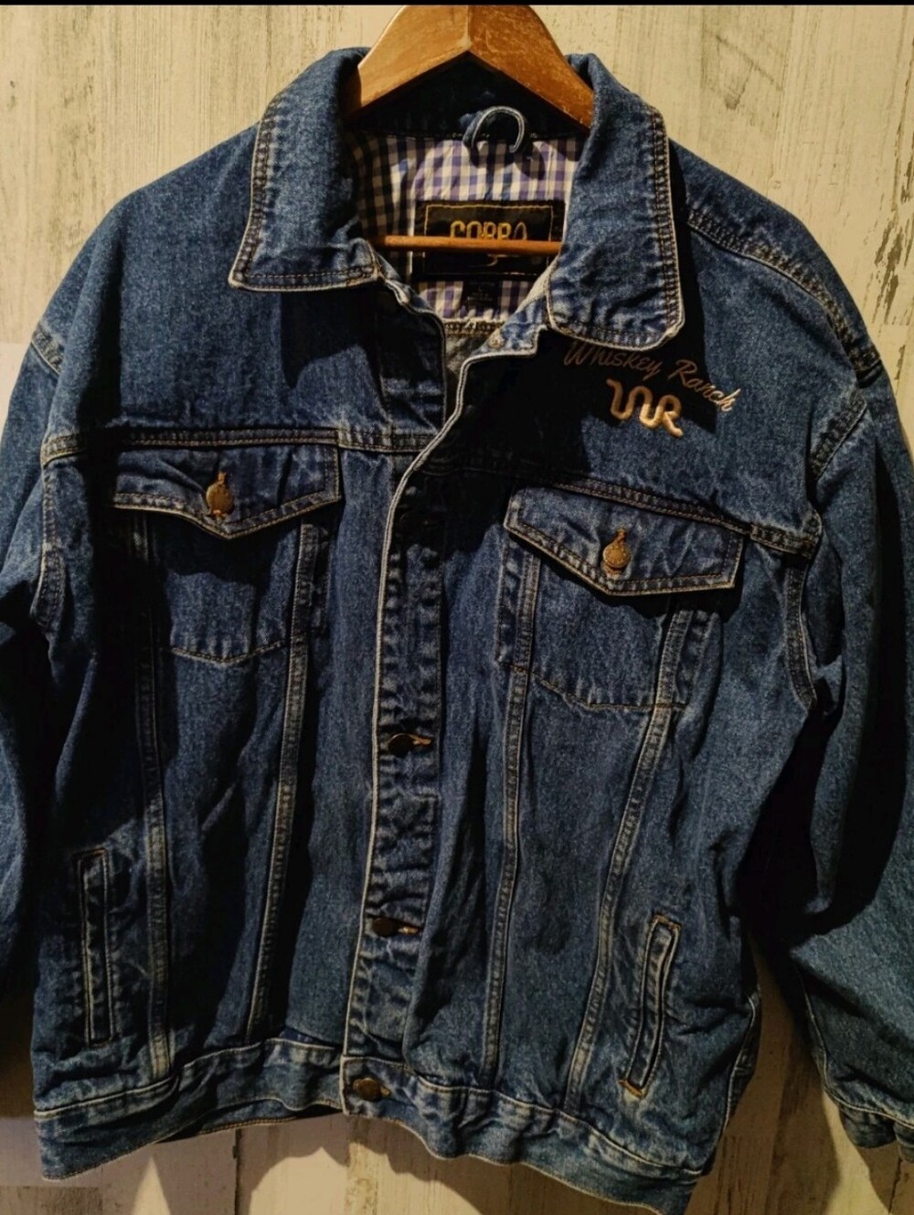 VTG Cobra Denim Jacket Whiskey Ranch Embroidered Men's Large Oversized Blue